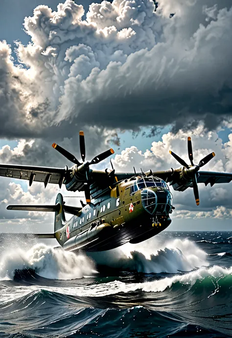 a highly detailed, photorealistic scene of a japan maritime self-defense force us-2 rescue flying boat landing on a rough sea, (...