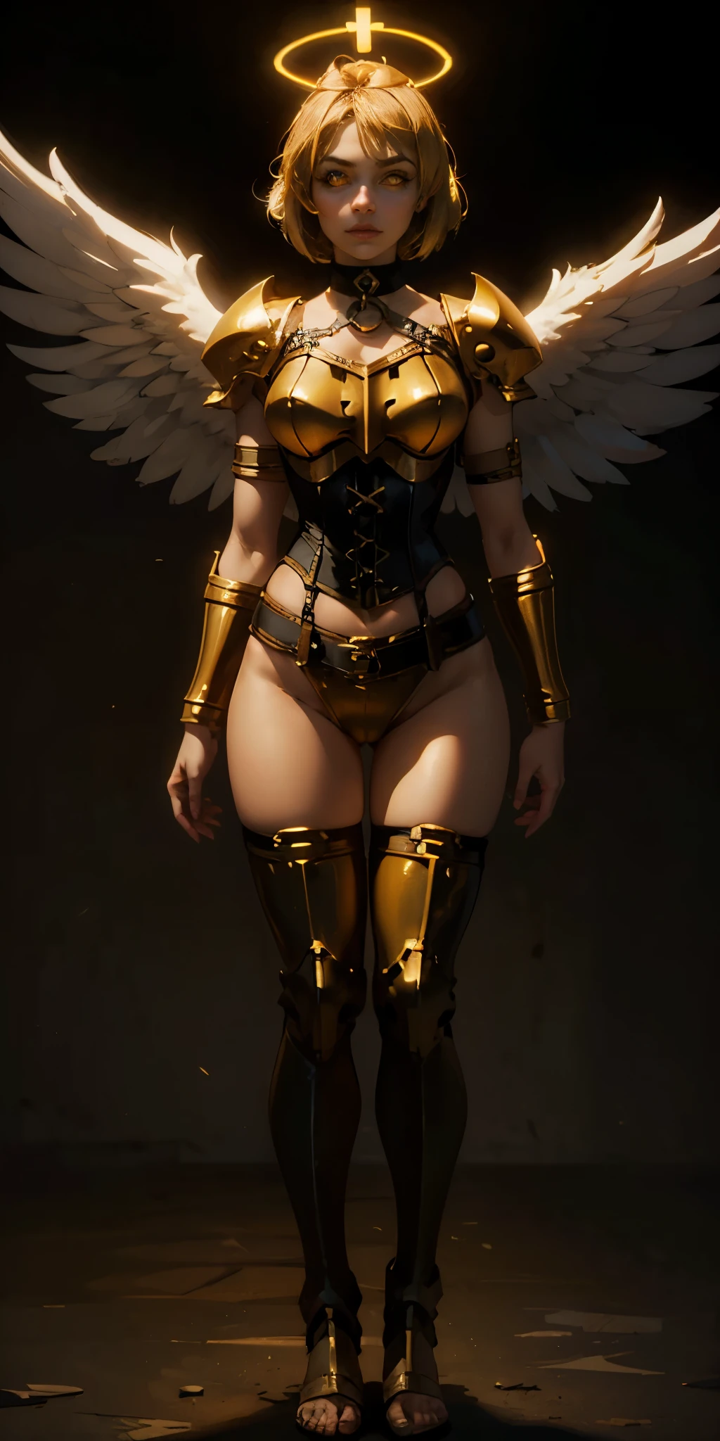 (Black background) paladin lady in ornate golden armor, black collar, pauldrons, breastplate, leather corset, glowing halo, short bob hair style, yellow glowing eyes, bright pupils, eye focus, red cape (full body, whole body, 1solo girl) slave fighter, loincloth standing, hands on hips, metal sandals, leather choker, big belt, view from below, feet together, bracers, tiara) feathers angel wings