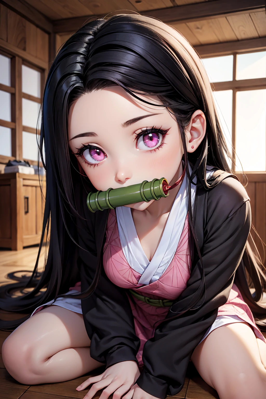 Highly detailed realistic work with high resolution, perfect lighting detailed face detailed hair detailed eyes detailed nose detailed lips, A beautiful girl with long black hair, pink eyes with a green gag in her mouth, sitting on the floor nezuko kamado.