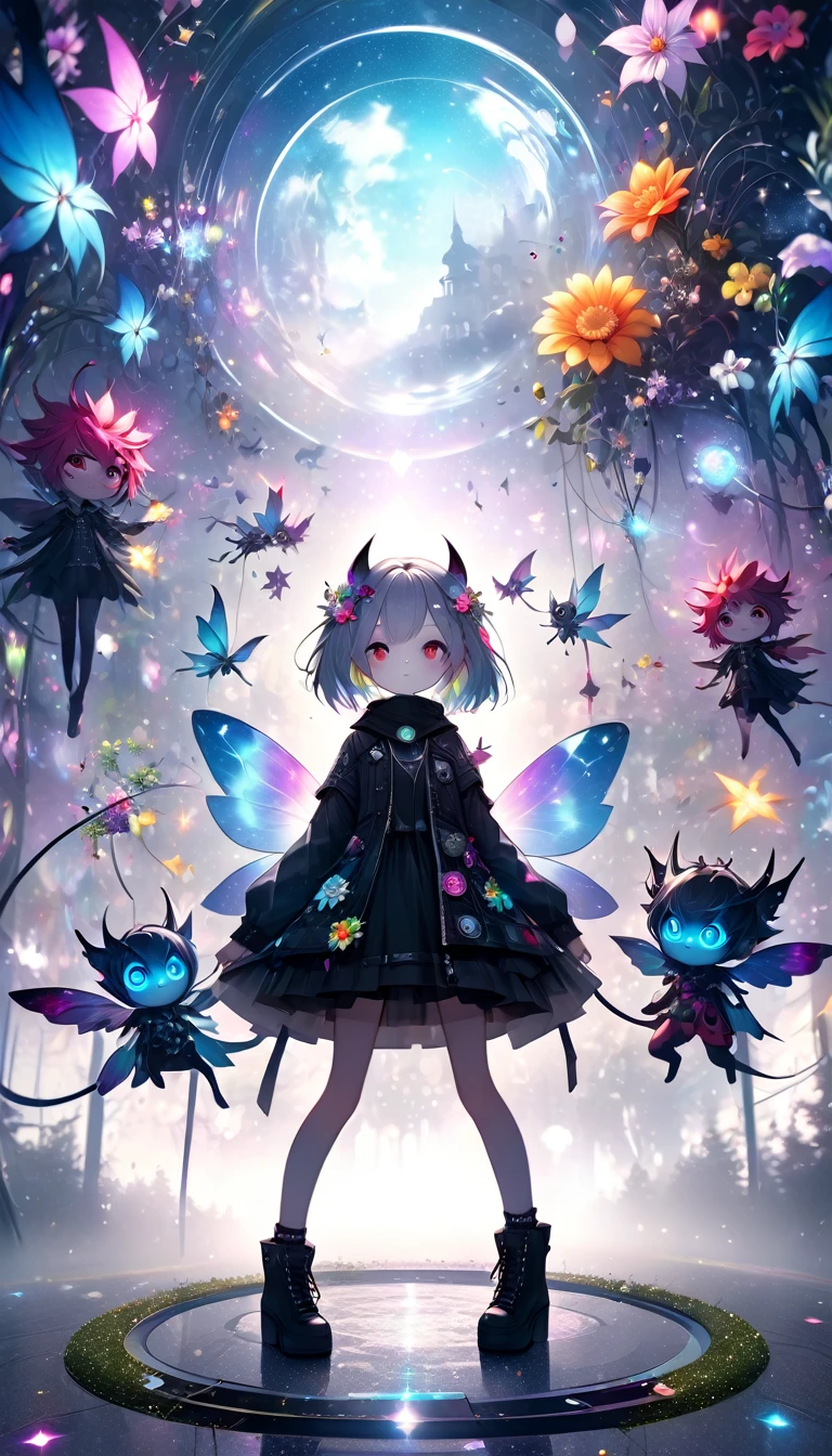 fantasy world that combines flower-punk and gem-punk, fairy spirits of beauty, background distorted space from another dimension, cute little devils, conceptual installation art, (ultra detailed, absolutely resolution, best quality:1.3), 2.5D, delicate and dynamic effects, foggy filter effects, iridescent glitter effects, artistic, hyper, graphic CG digital art