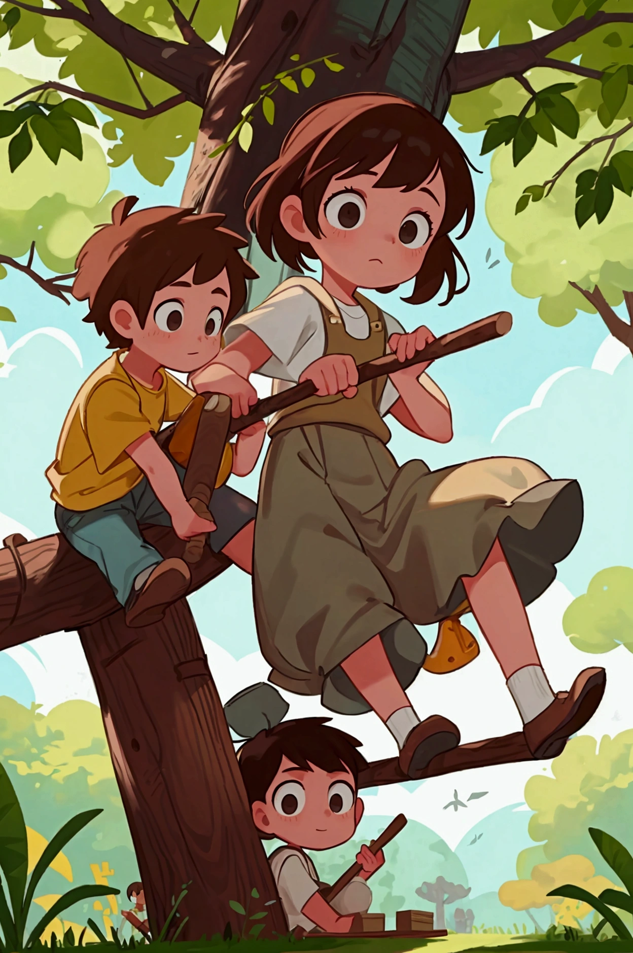 A girl named Emma holding a ladder steady while a boy hammers a plank on a tree branch, with other kids busy with tools around them.