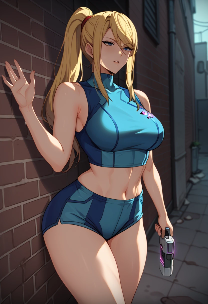 masterpiece, Highest quality, 1 person,( View your viewers,),Detailed Background、A person who writes in detail、Accurate human body、Knowledgeable person、(Accurate 5 fingers),Mature Woman,Thighsが太い,curvy body、Thighs、alone,(middle breasts),everythingSamus, blonde hair, blue crop top, blue shorts, bare shoulders, midriff,(bare arm),((sleeveless)),Alley,defeated sex,after sex,broken,empty eyes