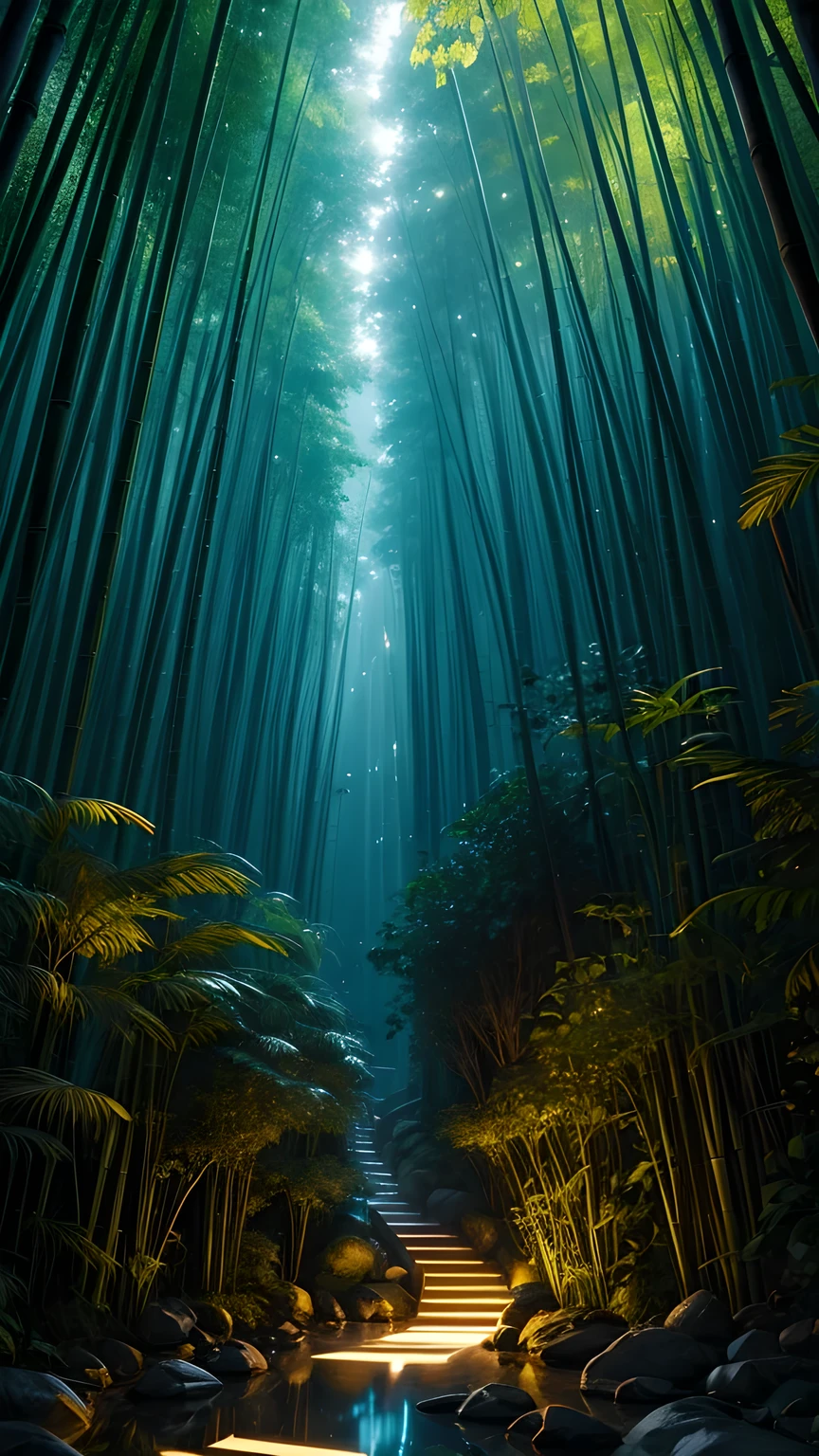 Bamboo forest in the dark night, Delicate and sharp, film production, Soft interior lighting, Many small fireflies flying, Holographic Flash, Vibrant colors, Fantastic rainbow reflection, Metallic luster, The balance between pitch-black darkness and shiny particles, Sharp and delicate, Watercolor style CG, High contrast, Perfectly tuned Octane rendering, Dramatic chiaroscuro, Antiretroviral therapy, Extreme aesthetics,