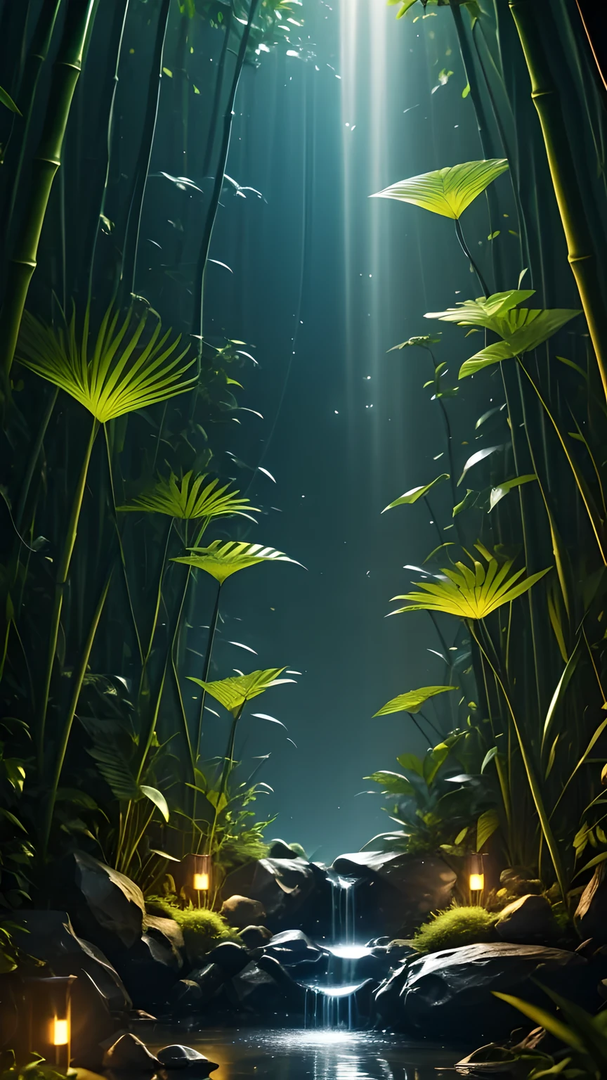 Bamboo forest in the dark night, Delicate and sharp, film production, Soft interior lighting, Many small fireflies flying, Holographic Flash, Vibrant colors, Fantastic rainbow reflection, Metallic luster, The balance between pitch-black darkness and shiny particles, Sharp and delicate, Watercolor style CG, High contrast, Perfectly tuned Octane rendering, Dramatic chiaroscuro, Antiretroviral therapy, Extreme aesthetics,