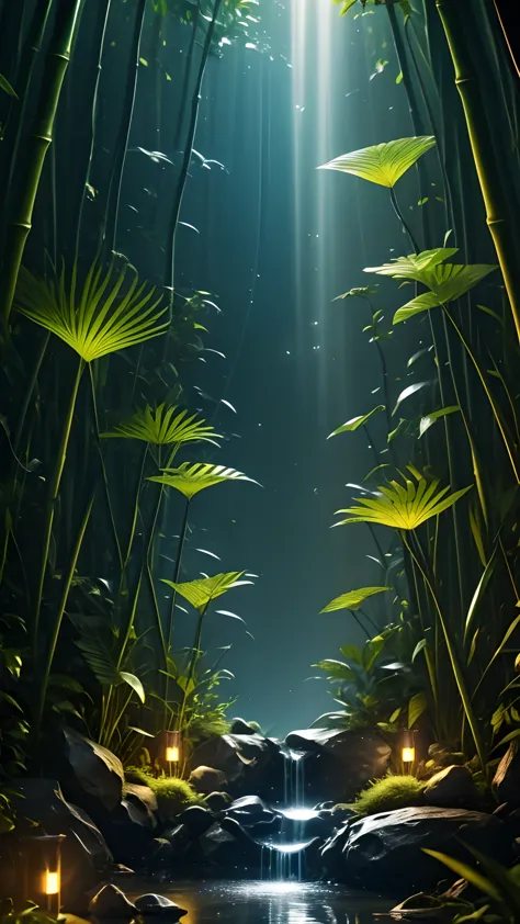 bamboo forest in the dark night, delicate and sharp, film production, soft interior lighting, many small fireflies flying, holog...