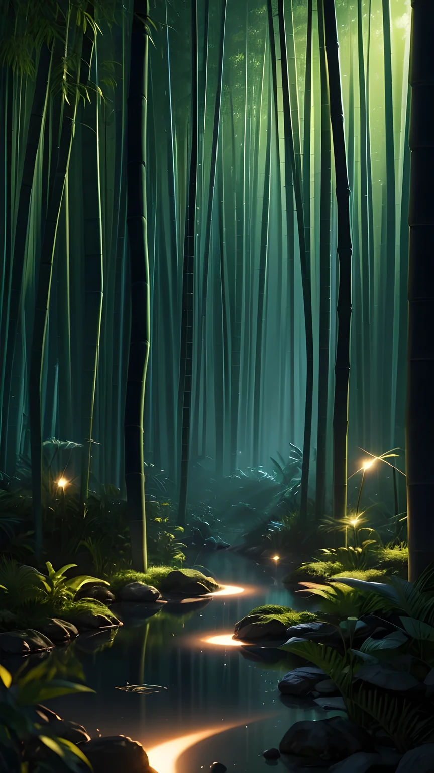 Bamboo forest in the dark night, Delicate and sharp, film production, Soft interior lighting, Many small fireflies flying, Holographic Flash, Vibrant colors, Fantastic rainbow reflection, Metallic luster, The balance between pitch-black darkness and shiny particles, Sharp and delicate, Watercolor style CG, High contrast, Perfectly tuned Octane rendering, Dramatic chiaroscuro, Antiretroviral therapy, Extreme aesthetics,