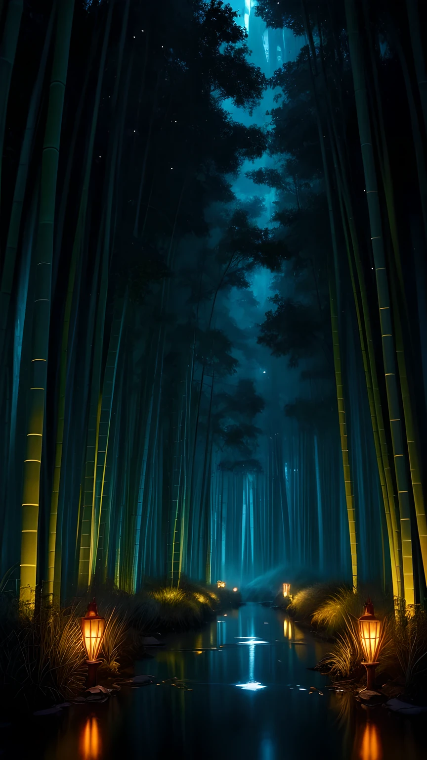 Bamboo forest in the dark night, Delicate and sharp, film production, Soft interior lighting, Many small fireflies flying, Holographic Flash, Vibrant colors, Fantastic rainbow reflection, Metallic luster, The balance between pitch-black darkness and shiny particles, Sharp and delicate, Watercolor style CG, High contrast, Perfectly tuned Octane rendering, Dramatic chiaroscuro, Antiretroviral therapy, Extreme aesthetics,