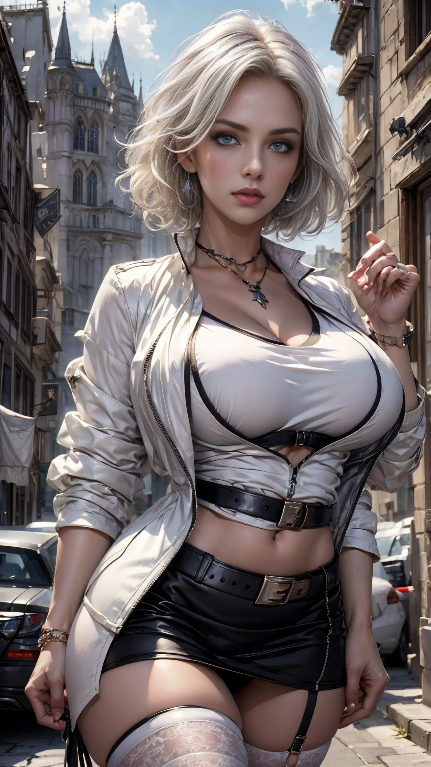 Photorealistic, high resolution, 1 woman, Hips up, Beautiful eyes, very short hair and curly, ringed eyes, jewelry, outfit-Blaze, white bra, white jacket, black skirt, thigh highs, blue eyes, back view, ((fantasy medieval city background)), (((big tits))), black and white hair, abs view
