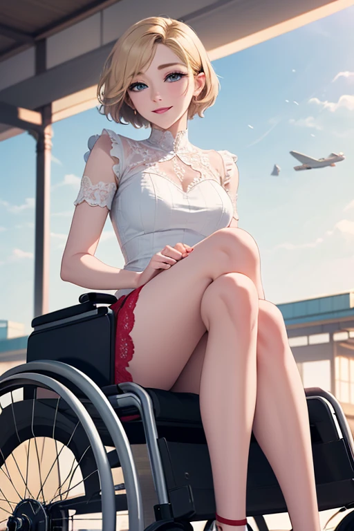 Beautiful woman sitting in a wheelchair looking happy, Cute expression, beautiful eyes, Delicate face, masterpiece, 8K, HD, Dynamic, The viewer's perspective, The background is the airport runway, hapiness, Pure white items, Sense of speed, Bend your legs, Bend your knees, , Red lace knit,