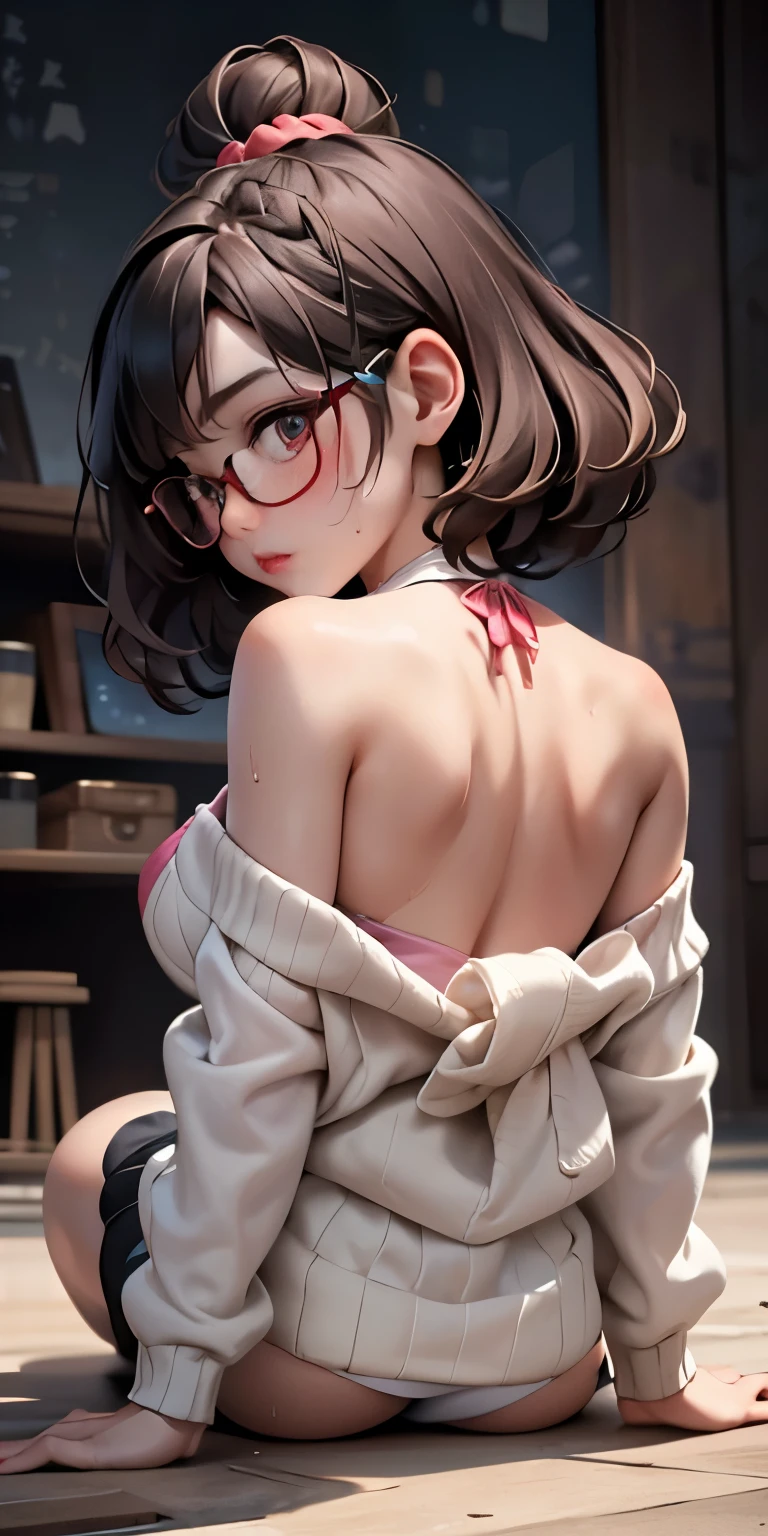 (Back view, on all fours, buttocks emphasized)、wear glasses、Realistic Face、Sweaty、(8-year-old)、black braid hair、Tomboy.Emphasis on breast valley、(Wearing a red off-shoulder summer sweater)、Sexy posing、Embarrassed expression、Moisturizing pink lips