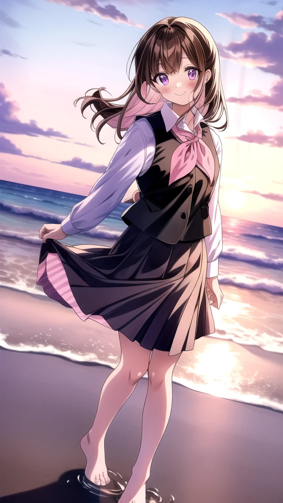 Anime illustration - Shin○ amagi OL, One person, Purple eyes, Black brown hair, collared shirt, shirt, skirt, blush, white shirt, neckerchief, black vest, black mini skirt, medium chest, checkered floor, pink ribbon, striped bow, ribbon, blush, Cute Smile Open your mouth, Are standing, (She walked along the beach in the sunset, her bare feet touching the water, the closest she came to seeing that smile), barefoot, Two Arms, (cinematic angle:1.1),