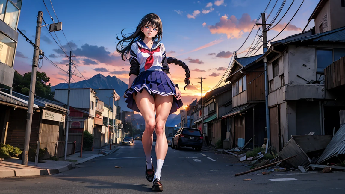 (Giant Woman Factor, High resolution, high quality, Accurate body structure, Detailed body), Japanese schoolgirl, Sailor suit, Towering Giant Girl, Looking up at a woman approaching from below, giant attacks city, cute, girl Destroy a small town, Destroy a small town, Naughty look, Japanese, White skin, smile, trampling buildings, rubble, Burning Small Town, destroyed small building, Collapsed highway, Cars are crushed, Evacuation of residents, sunset, Burning Small Town, please, walk, Trampling, Anatomically correct, Accurate human body, Accurate skeleton, Full body portrait, blue eyes, rubble scattered at feet, Higher than skyscrapers, Major impact, wonderful, Giant Woman Factor, Draw a woman in a big way, Increase the destructive element, make city smaller, rampage, city, building, monster,