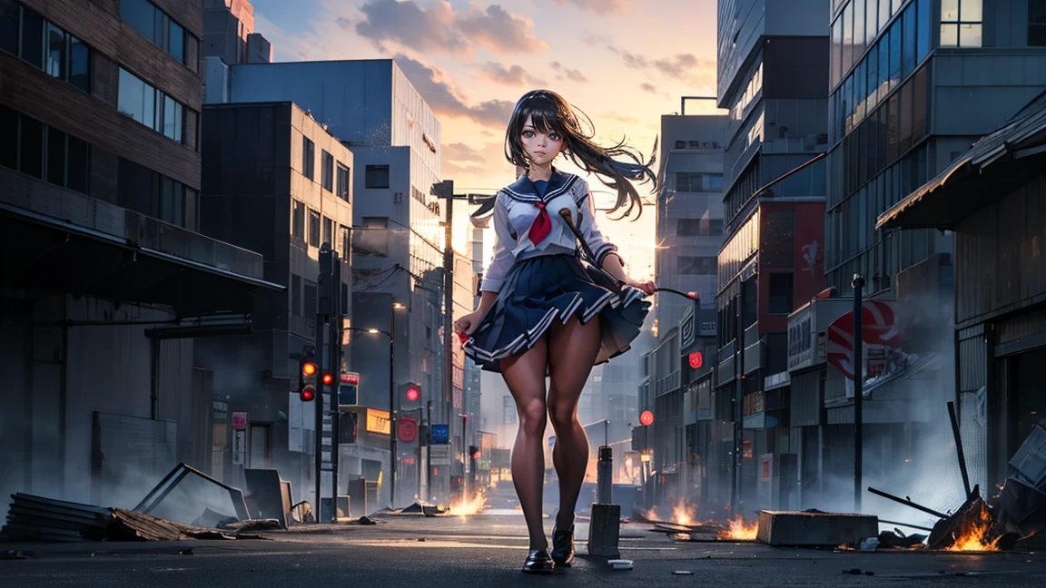 (Giantess Elements, High resolution, high quality, Accurate body structure, Detailed body), Japanese schoolgirl, Sailor suit, Towering Giant Girl, Looking up at a woman approaching from below, giant attacks city, cute, girl Destroy a small town, Destroy a small town, Naughty look, Japanese, White skin, smile, trampling buildings, rubble, Burning Small Town, destroyed small building, Collapsed highway, Cars are crushed, Evacuation of residents, sunset, Burning Small Town, please, walk, Trampling, Anatomically correct, Accurate human body, Accurate skeleton, Full body portrait, blue eyes, rubble scattered at feet, Higher than skyscrapers, Major impact, wonderful, Giantess Elements, Draw a woman in a big way, The rise of disruptive factors, making city smaller, rampage, city, building,