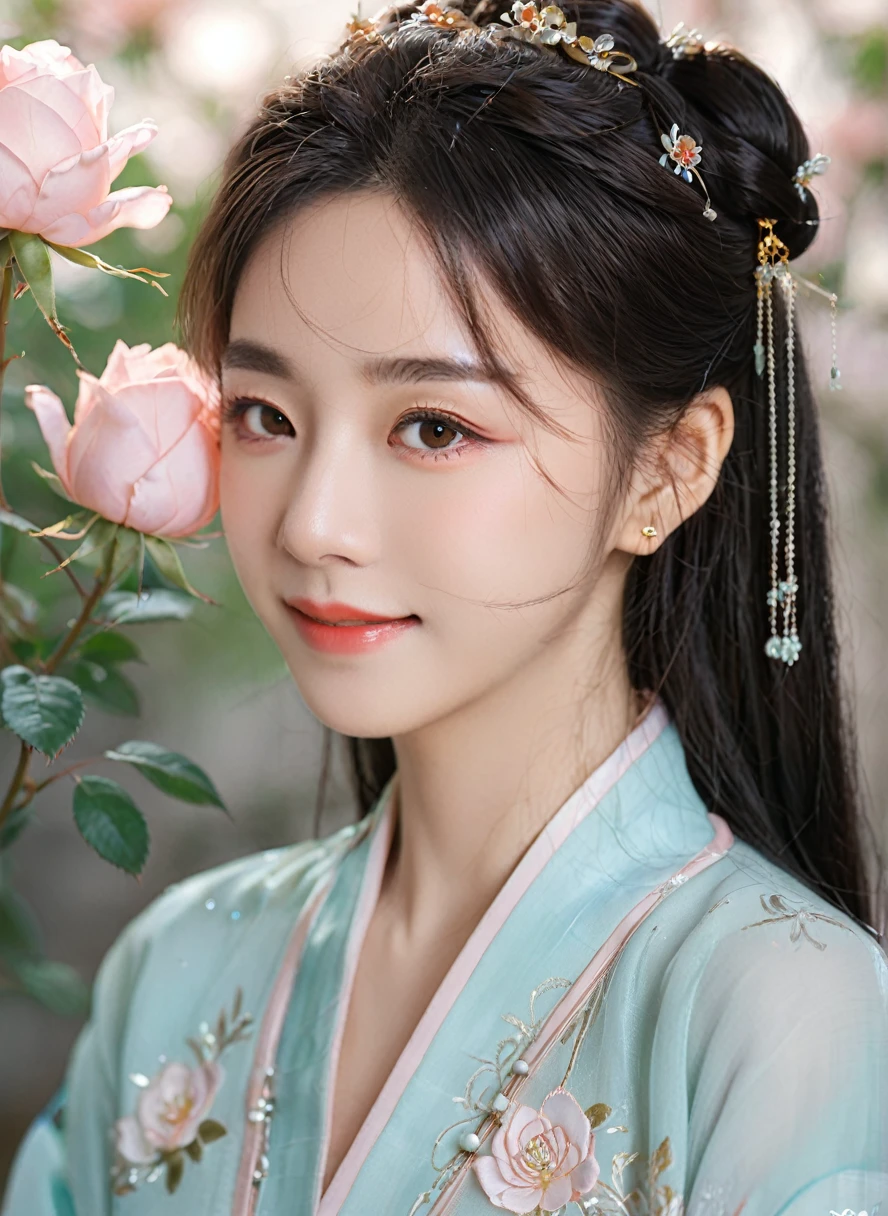 best quality, masterpiece, high resolution, Martial arts girl,blush,(Charming smile:0.8),Stellate pupils,china hanfu,Hair accessories,necklace, Jewelry,Pretty Face,more than_Body, Tyndall effect,lifelike, Dark Studio, Edge lighting, Two-color light,(High Detail Skin:1.2), 8K Ultra HD, SLR camera, Soft Light, high quality, Volumetric Lighting, frank, photo, high resolution, 4K, 8K, Bokeh,Roses blooming all around
