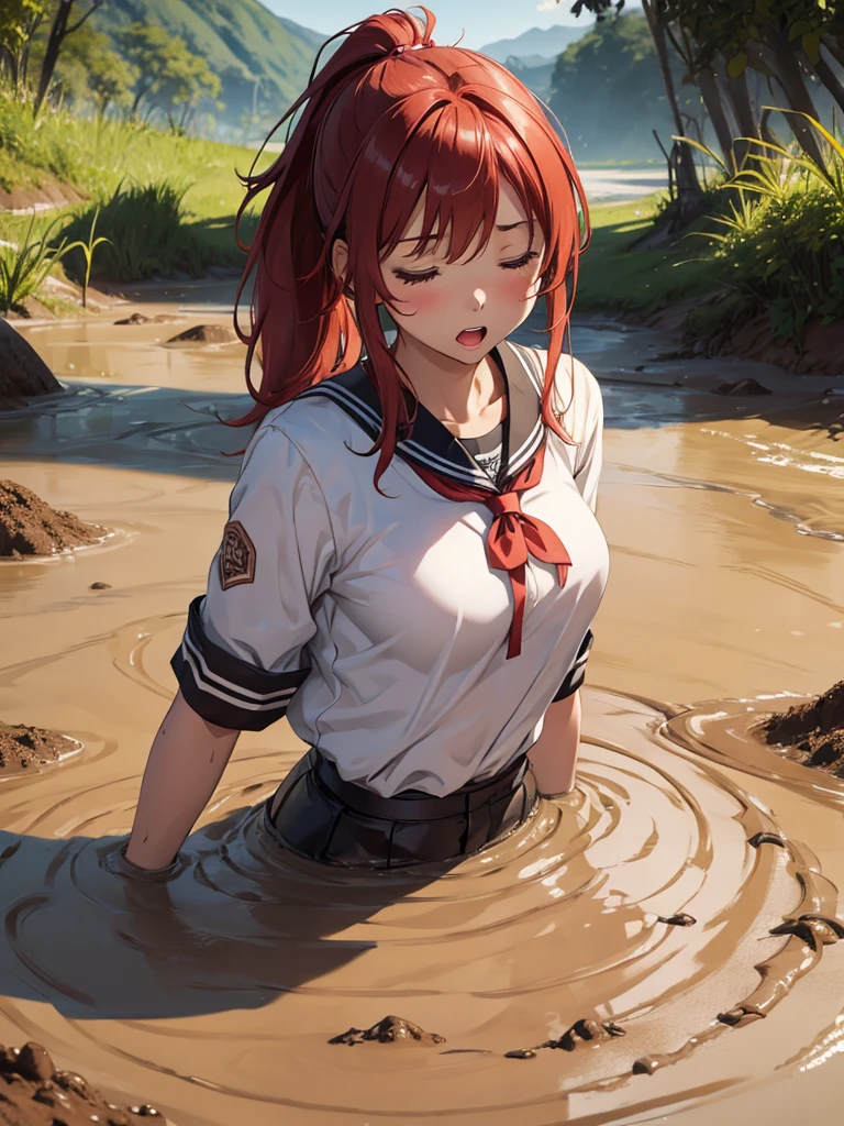 1girl, solo, masterpiece, best quality, high res, highly detailed, (illustration), eyes closed, yuigahama yui, red hair ponytail, glossy lips, light makeup, orgasm, open mouth, intimate moment, school shirt, torso, (quicksand:1.4), (from side:0), bog, swampy, arched back, (headback:0.7), dirty, muddy, soiled, 