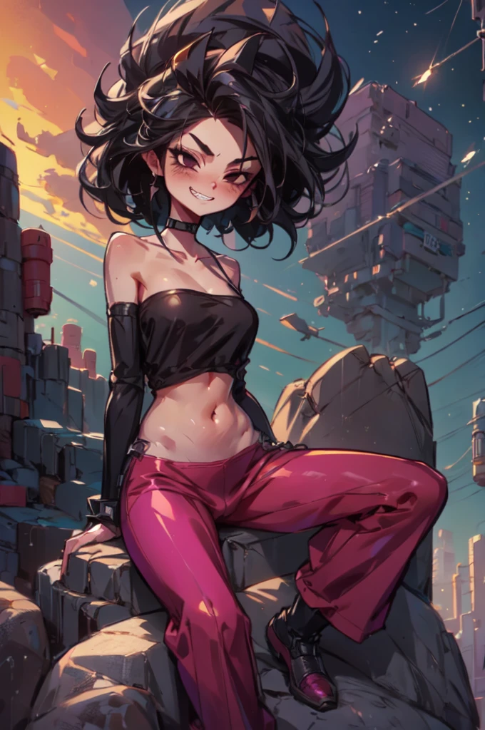 caulifla, spiked black hair, black eyes, big hair,black eyes, bare shoulders, midriff, pink bandeau, purple baggy pants, black wristband, looking at viewer, serious, grin, sitting, on rock, spreading legs, outside, canyon, stars, high quality, masterpiece,  