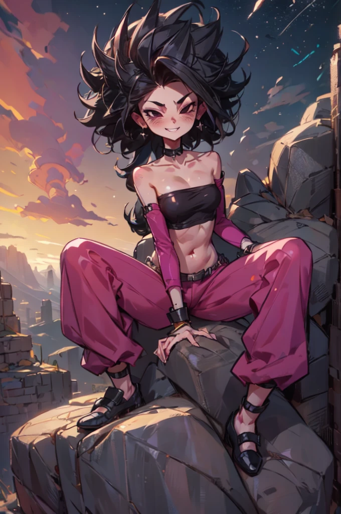 caulifla, spiked black hair, black eyes, big hair,black eyes, bare shoulders, midriff, pink bandeau, purple baggy pants, black wristband, looking at viewer, serious, grin, sitting, on rock, spreading legs, outside, canyon, stars, high quality, masterpiece,  