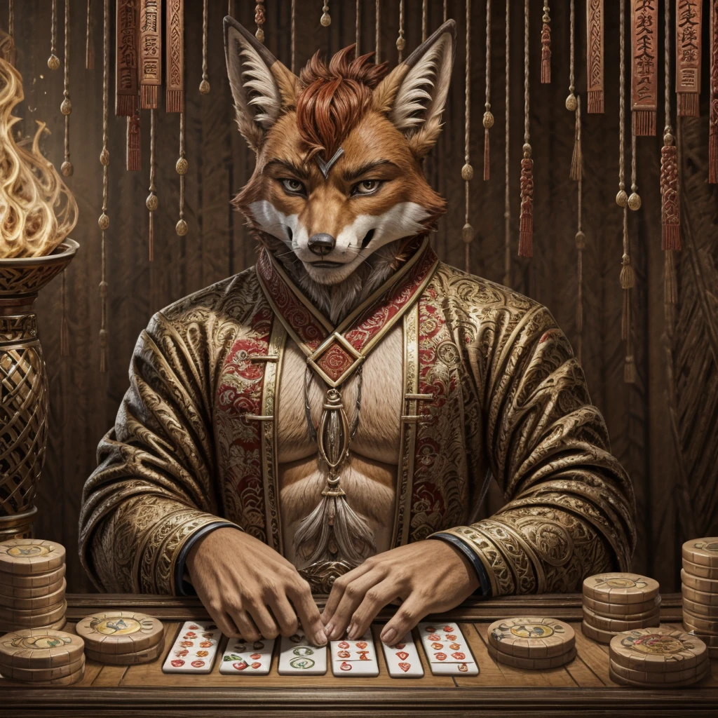 A red-haired fiery fox, playing Mahjong.
A sly expression on his face.
He's winning.
In the style of Chinese folk illustrations .
The fox is a man 