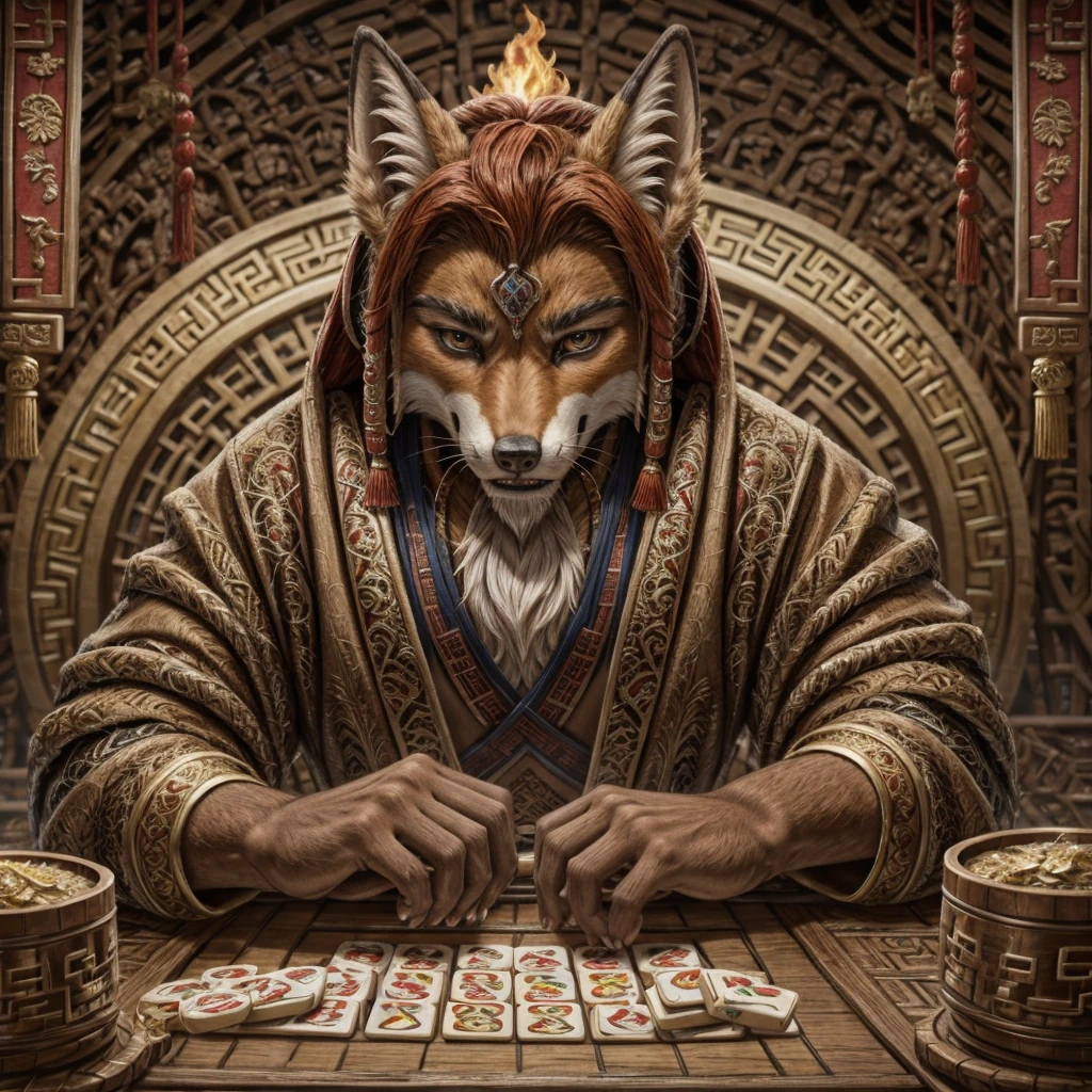 A red-haired fiery fox, playing Mahjong.
A sly expression on his face.
He's winning.
In the style of Chinese folk illustrations .
The fox is a man 