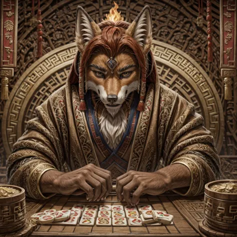 a red-haired fiery fox, playing mahjong.
a sly expression on his face.
he's winning.
in the style of chinese folk illustrations ...