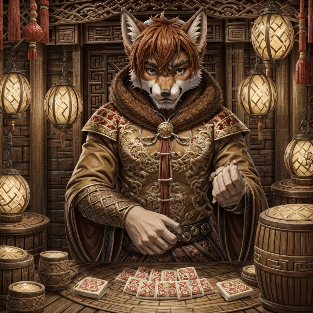 A red-haired fiery fox, playing Mahjong.
A sly expression on his face.
He's winning.
In the style of Chinese folk illustrations .
The fox is a man 