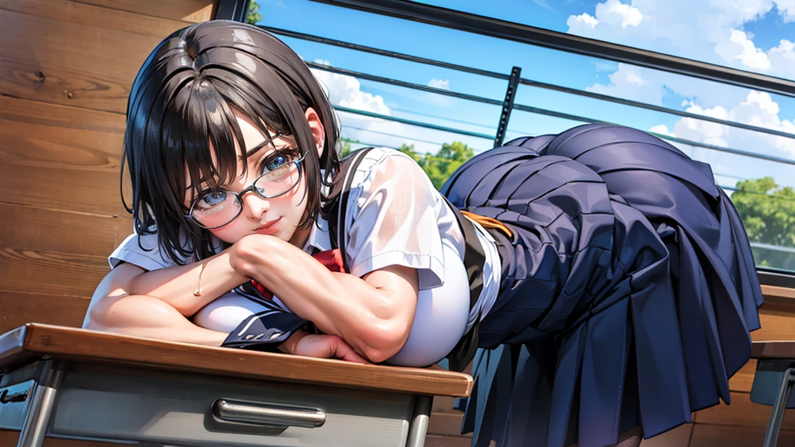 Giant art, Surreal school girl, 非常に詳細なGiantショット, Giant, short hair, A giant schoolgirl&#39;Much larger than a skyscraper, Wear rimless glasses, Big Breasts, Big Ass, Navy Blue Blazer, Red tie, Mini skirt, Black Pantyhose, I don&#39;t wear shoes., Miniature metropolis, Being attacked by a very small fighter jet, GTS, giga Giant, Giant, Fighter crash, Small fighter aircraft, Micro Fighter,
