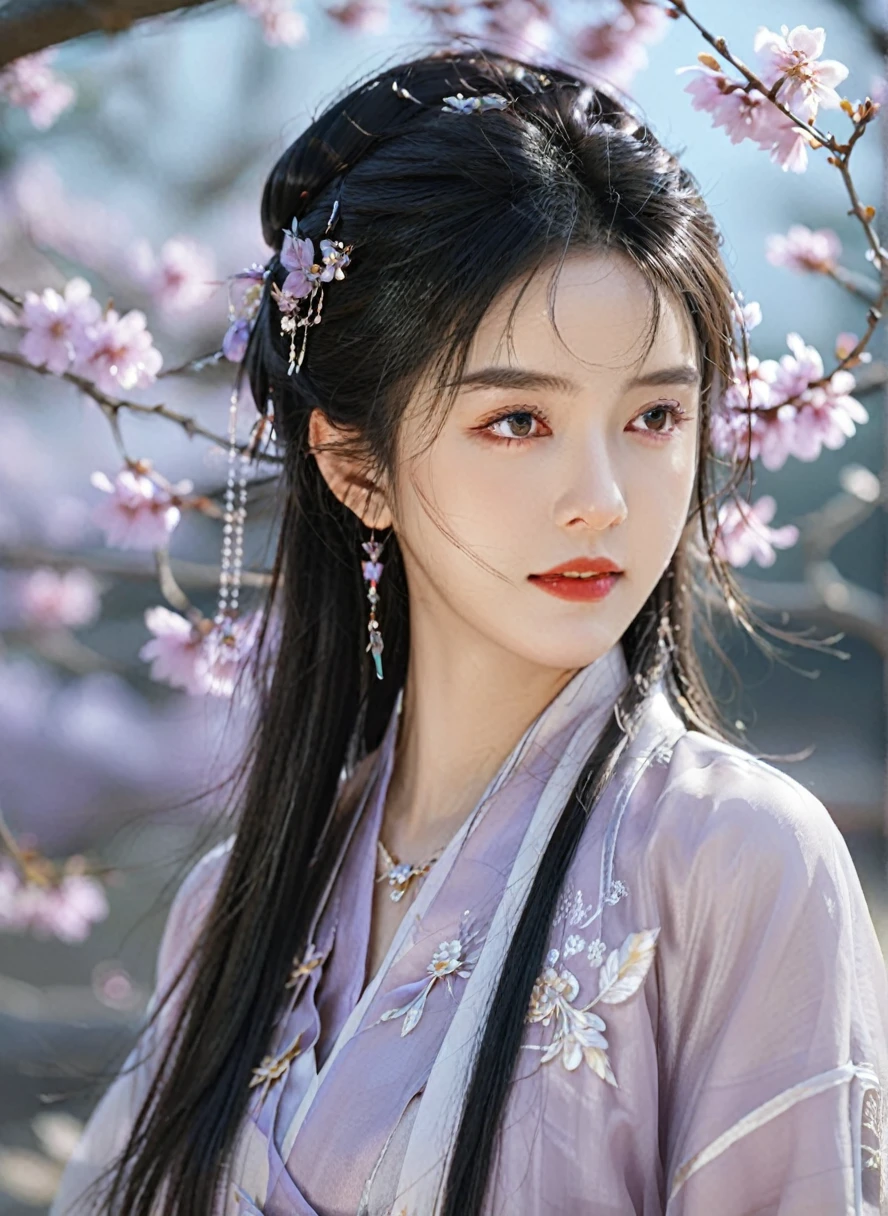 best quality, masterpiece, high resolution, Martial arts girl,blush,(Charming smile:0.8),Stellate pupils,china hanfu,Hair accessories,necklace, Jewelry,Pretty Face,more than_Body, Tyndall effect,lifelike, Dark Studio, Edge lighting, Two-color light,(High Detail Skin:1.2), 8K Ultra HD, SLR camera, Soft Light, high quality, Volumetric Lighting, frank, photo, high resolution, 4K, 8K, Bokeh,Purple flowers blooming around