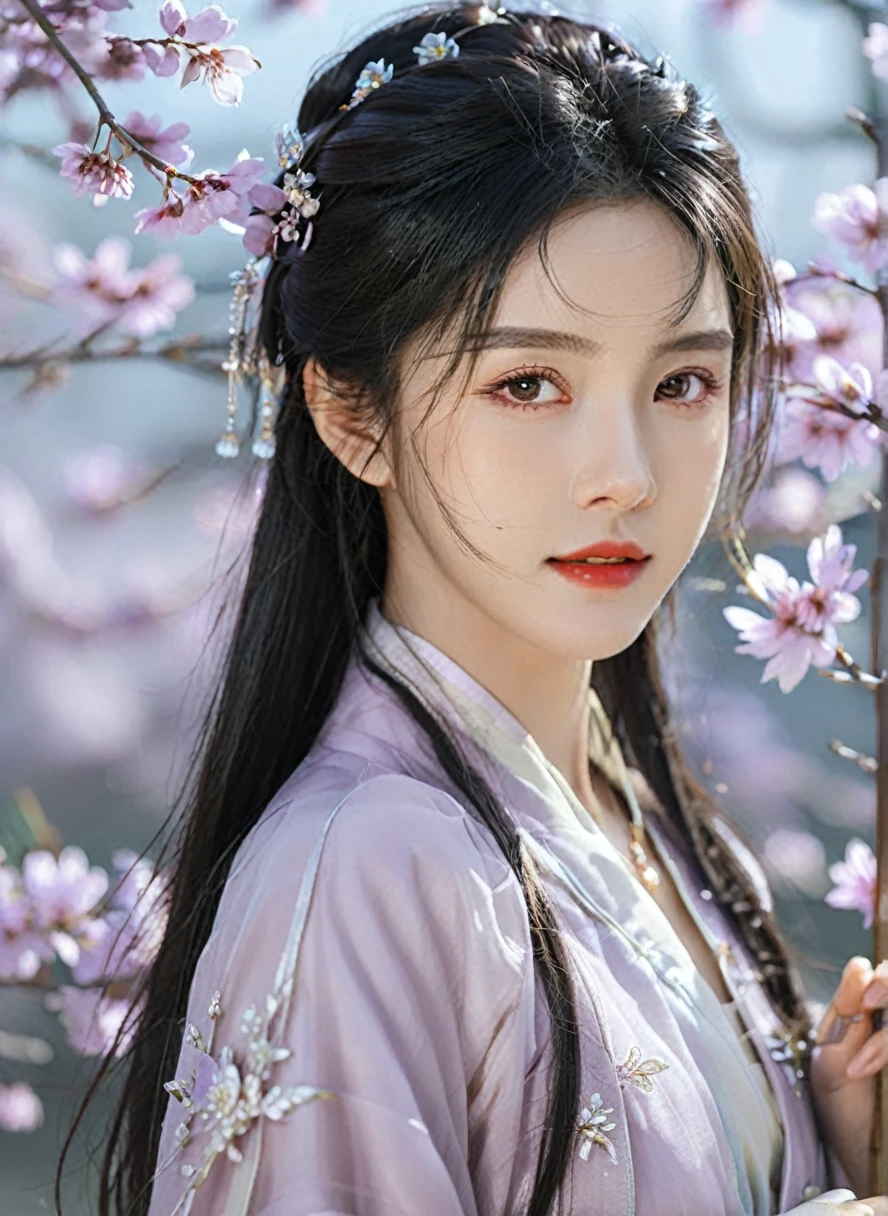 best quality, masterpiece, high resolution, Martial arts girl,blush,(Charming smile:0.8),Stellate pupils,china hanfu,Hair accessories,necklace, Jewelry,Pretty Face,more than_Body, Tyndall effect,lifelike, Dark Studio, Edge lighting, Two-color light,(High Detail Skin:1.2), 8K Ultra HD, SLR camera, Soft Light, high quality, Volumetric Lighting, frank, photo, high resolution, 4K, 8K, Bokeh,Purple flowers blooming around