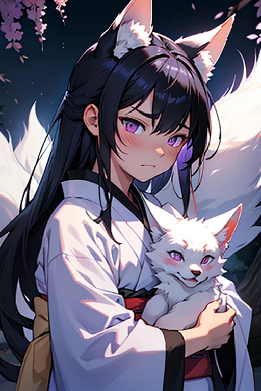 A small, white-furred Kitsune child, Blue-black hair and purple eyes with light blue touches and medium-long hair, a kimono, with a blushing face and a frown 