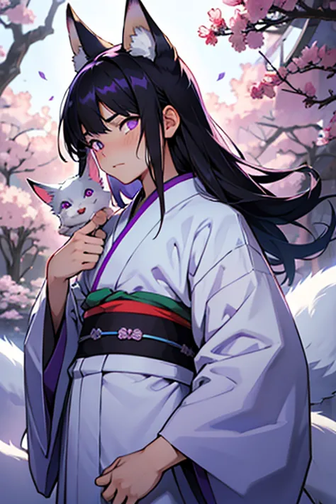 a small, white-furred kitsune child, blue-black hair and purple eyes with light blue touches and medium-long hair, a kimono, wit...