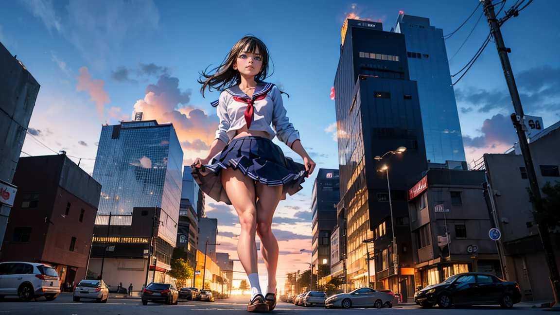 (Giantess Elements, High resolution, high quality, Accurate body structure, Detailed body), Japanese schoolgirl, Sailor suit, Towering Giant Girl, Looking up at a woman approaching from below, giant attacks city, cute, girl Destroy a small town, Destroy a small town, Naughty look, Japanese, White skin, smile, trampling buildings, rubble, Burning Small Town, destroyed small building, Collapsed highway, Cars are crushed, Evacuation of residents, sunset, Burning Small Town, please, walk, Trampling, Anatomically correct, Accurate human body, Accurate skeleton, Full body portrait, blue eyes, rubble scattered at feet, Higher than skyscrapers, Major impact, wonderful, Giantess Elements, Draw a woman in a big way, The rise of disruptive factors, making city smaller, rampage, city, building,