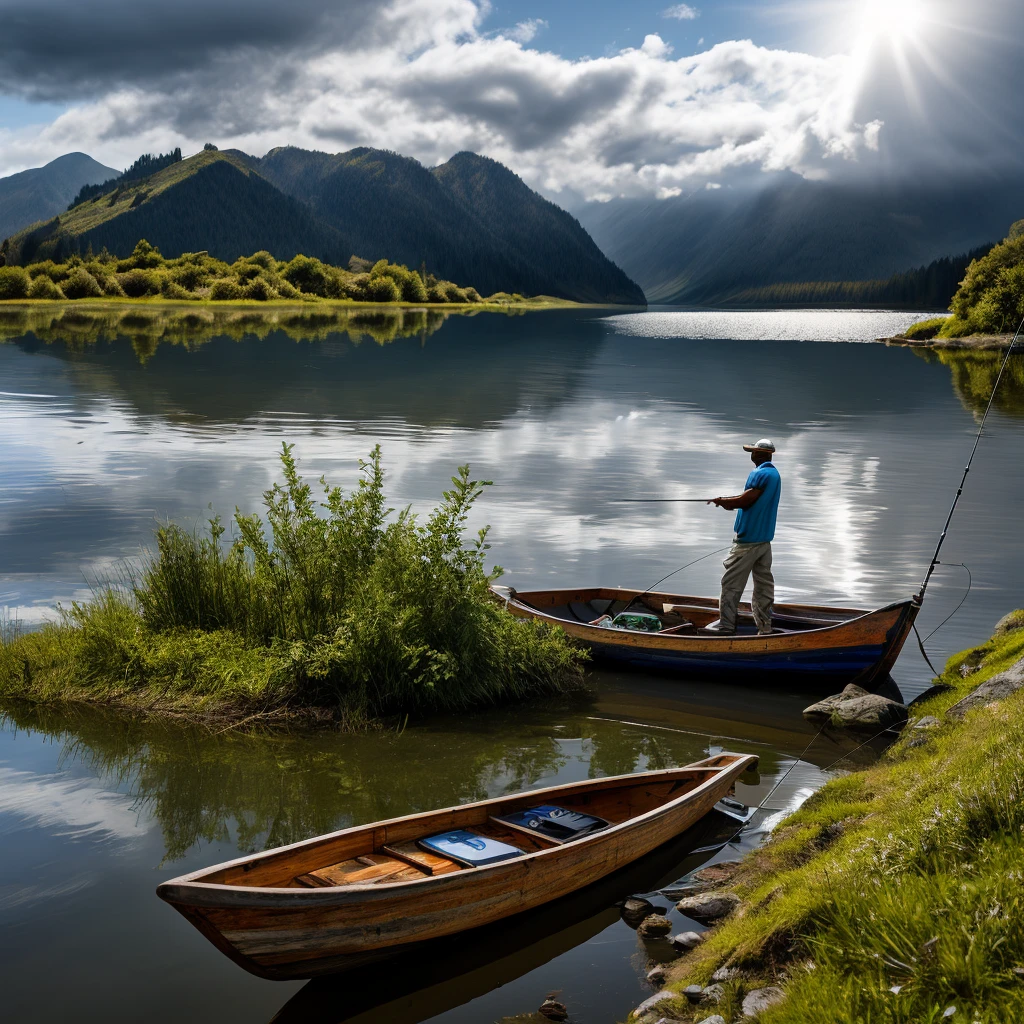 a fisherman fishing in a tranquil lake, intricate details, beautiful scenery, serene atmosphere, (best quality,8k,highres,masterpiece:1.2),ultra-detailed,(realistic,photorealistic,photo-realistic:1.37),HDR,UHD,studio lighting,extreme detail description,professional,vivid colors,landscape,natural lighting,beautiful reflections on water,dramatic cloudy sky,lush green foliage,old wooden boat,fishing rod with line in water,fisherman wearing traditional hat and clothes