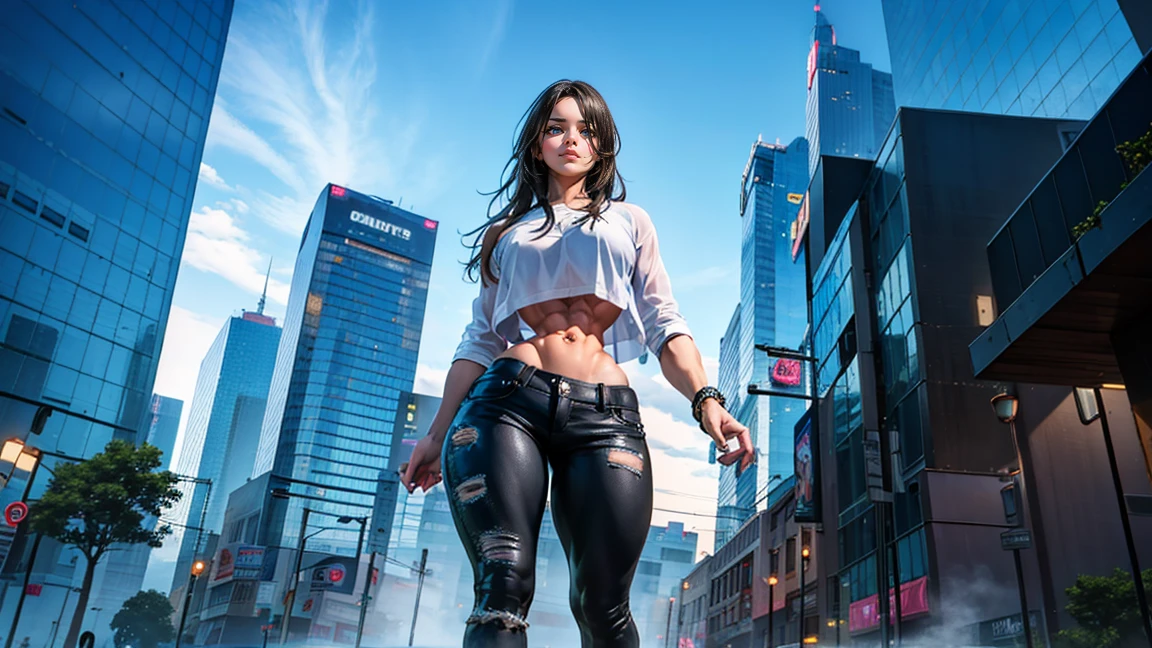 "Cool giant, Relaxed hippie style with crop top and baggy pants. A toned and athletic physique、It speaks to its incredible strength.. She appears to be taking a leisurely stroll through the bustling streets of GTS City., The buildings towering above. Smoke and clouds swirling, Enhance the grand scale and drama. The lighting is dim, Pushed down, Realistic, Create a tense and ominous atmosphere. Perspective from the bottom, Emphasizing the absolute majesty and power of the giants." naked