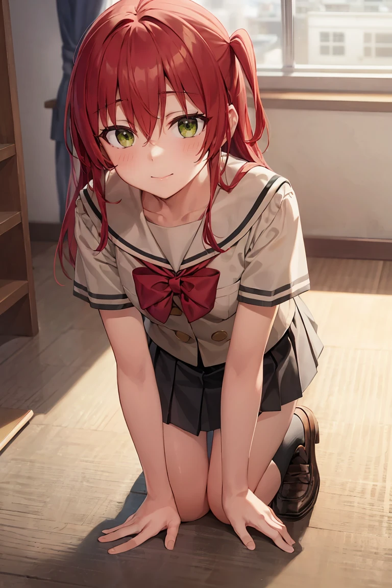 red_hair, long_hair, bangs, hair_between_eyes, one_Side_up, green_eyes, smile, black footwear, black skirt, grey sailor collar, pleated skirt, sailor collar, school uniform, shoes, short sleeves, shuka high school uniform, skirt, Stand on all fours, Ahegao, panties, String, секси String, Background Room, , View from above