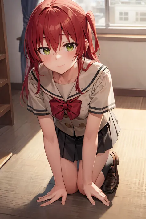 red_hair, long_hair, bangs, hair_between_eyes, one_side_up, green_eyes, smile, black footwear, black skirt, grey sailor collar, ...