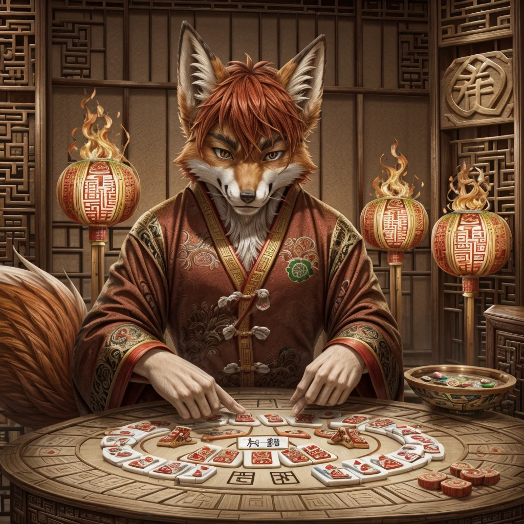 A red-haired fiery fox, playing Mahjong.
A sly expression on his face.
He's winning.
In the style of Chinese folk illustrations .
The fox is a man 