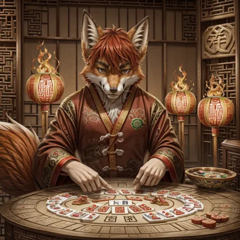 a red-haired fiery fox, playing mahjong.
a sly expression on his face.
he's winning.
in the style of chinese folk illustrations ...