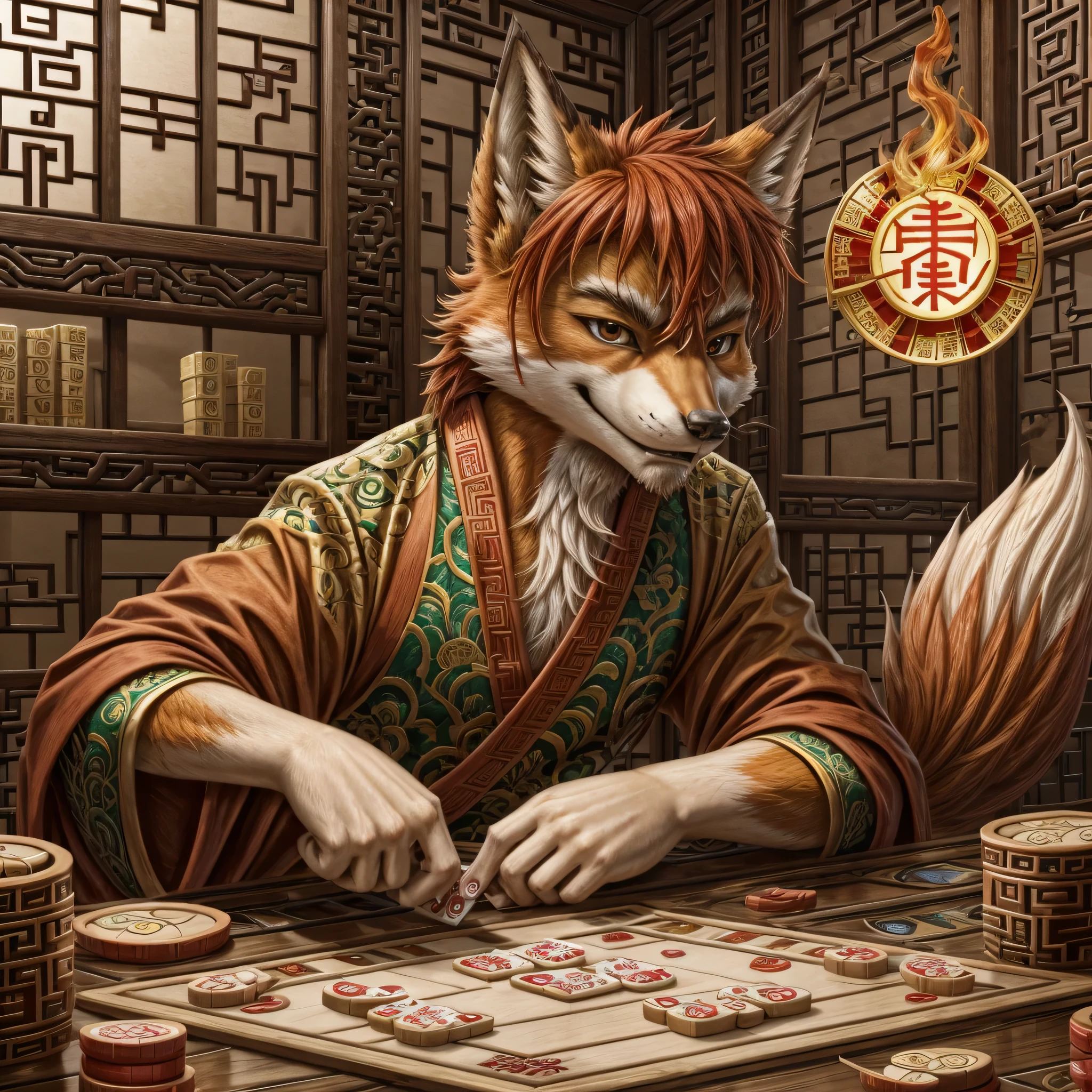 A red-haired fiery fox, playing Mahjong.
A sly expression on his face.
He's winning.
In the style of Chinese folk illustrations .
The fox is a man 