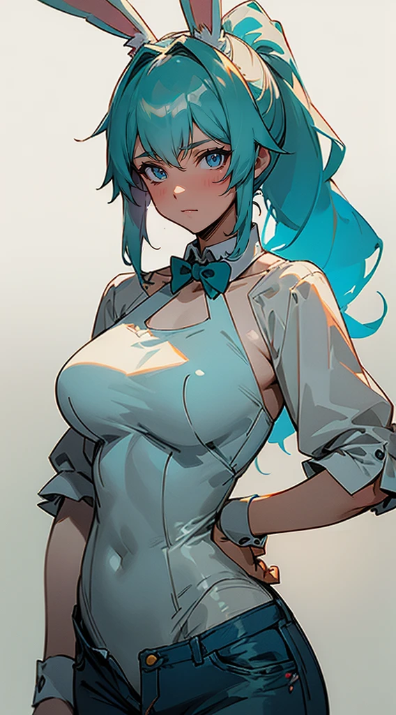 Beautiful woman , curly hair , teal hair , hair in a ponytail , blue eyes , pale skin , ((white bunny ears:1.2)), large breast, age 33, 

Standing with hands on hips , angry expression, dynamic shot , scene from an anime , Seinen anime . 

Wearing wearing a white halter top , jeans , 

(masterpiece, best quality:1.3),beautiful detailed glow,best illuminate,(((best quality,textile shading,ultra detailed))),extremely detailed CG unity 8k wallpaper,Highly Detailed beautiful and aesthetic,best light,high resolution,detailed,dynamic lighting , 1Character ,  pastel washed out colors , cell shade , soft, muted shades ,gentle colors ,