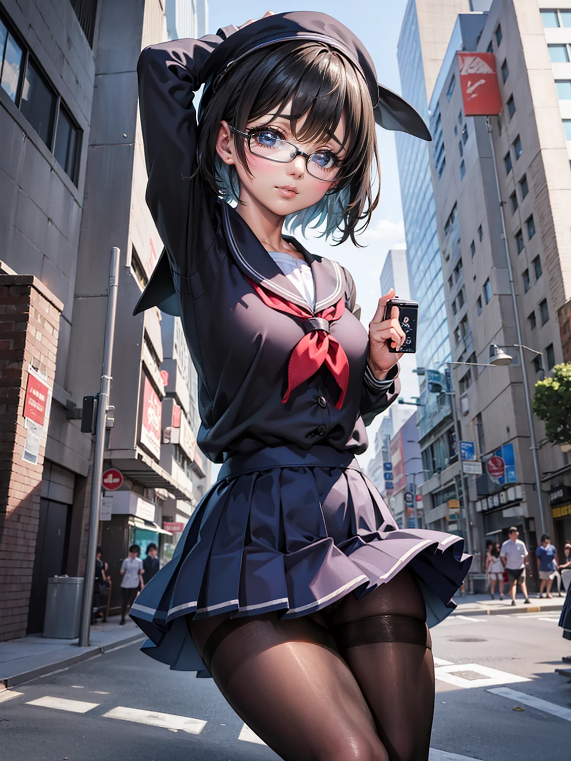 Giantアート, Surreal school girl, 非常に詳細なGiantショット, Giant, short hair, Black Pantyhose, A giant schoolgirl&#39;Much larger than a skyscraper, Wear rimless glasses, Huge boobs, Navy Blue Blazer, Red tie, Mini skirt, Black Pantyhose, I don&#39;t wear shoes., very small metropolis, Miniature metropolis, 足元までの高さしかないMiniature metropolisで、squatting and urinating, The city is a sea of urine, Urine Tsunami, Small trains and cars are flushed with urine., Full body description, GTS, Giga Giantess, Black Pantyhose, Pantyhose Legs, Pantyhose Legs, ,Stomping City,Crush City,Small Town,Micro City, Pee,