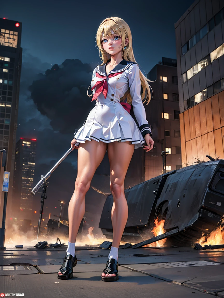 (Giantess Elements, High resolution, high quality, Accurate body structure, Detailed body), Japanese schoolgirl, Sailor suit, Towering Giant Girl, Looking up at a woman approaching from below, giant attacks city, cute, girl Destroy a small town, Destroy a small town, Naughty look, Japanese, White skin, smile, trampling buildings, rubble, Burning Small Town, destroyed small building, Collapsed highway, Cars are crushed, Evacuation of residents, sunset, Burning Small Town, please, walk, Trampling, Anatomically correct, Accurate human body, Accurate skeleton, Full body portrait, blue eyes, rubble scattered at feet, Higher than skyscrapers, Major impact, wonderful, Giantess Elements, Draw a woman in a big way, The rise of disruptive factors, making city smaller, rampage, city, building,