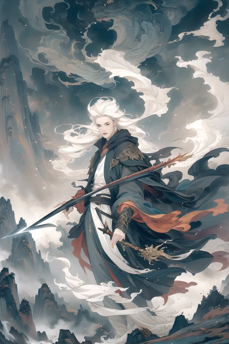 a white haired swordsman, highly detailed, hyper realistic, 8k, masterpiece, sharp focus, intricate details, cinematic lighting, dramatic pose, epic fantasy scene, dark moody atmosphere, vibrant colors, glowing sword, billowing cloak, strong chiaroscuro, moody lighting, dramatic shadows, moody clouds, epic fantasy landscape, dramatic lighting, epic fantasy