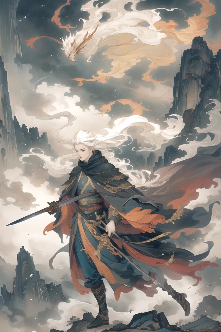 a white haired swordsman, highly detailed, hyper realistic, 8k, masterpiece, sharp focus, intricate details, cinematic lighting, dramatic pose, epic fantasy scene, dark moody atmosphere, vibrant colors, glowing sword, billowing cloak, strong chiaroscuro, moody lighting, dramatic shadows, moody clouds, epic fantasy landscape, dramatic lighting, epic fantasy