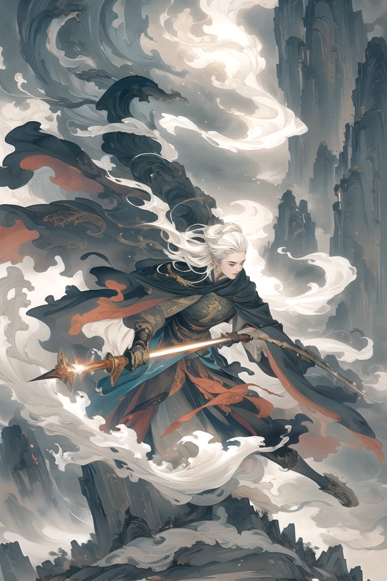 a white haired swordsman, highly detailed, hyper realistic, 8k, masterpiece, sharp focus, intricate details, cinematic lighting, dramatic pose, epic fantasy scene, dark moody atmosphere, vibrant colors, glowing sword, billowing cloak, strong chiaroscuro, moody lighting, dramatic shadows, moody clouds, epic fantasy landscape, dramatic lighting, epic fantasy