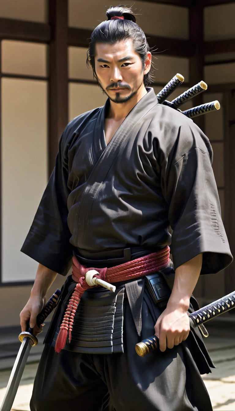 (masterpiece, Best Quality:1.2, ultra detailed:1.2, Upper part of the body:1.2), Masaki Segawa, , 1 chico, Alone, Focus only, Japanese samurai, Japanese Ronin, samurai clothing, ((He's wearing a sword at his waist, He carries a sword through his obi))