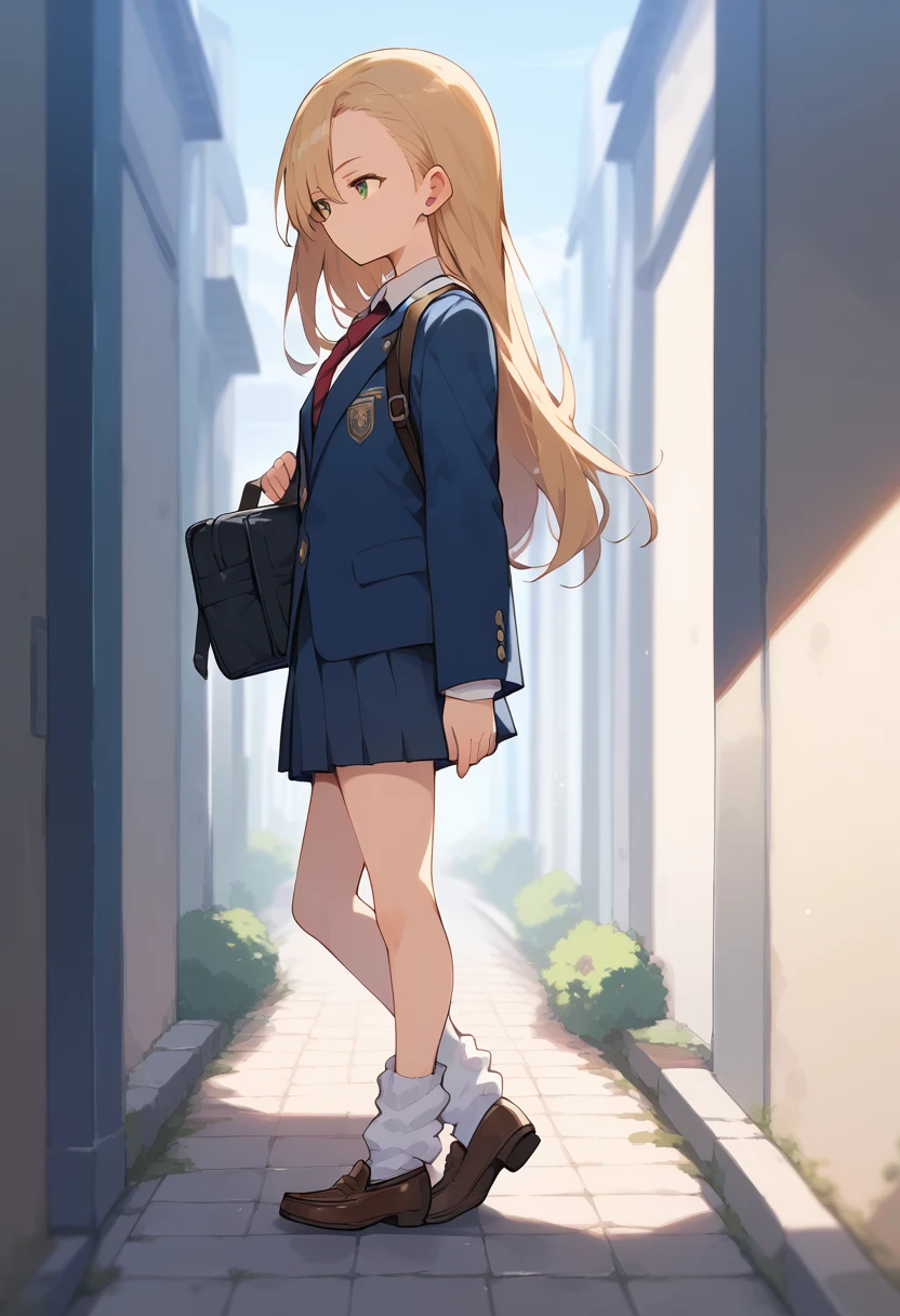 masterpiece, (score_9,score_8_up,score_7_up,score_6_up), 1 girl, blond hair, green eyes, little sassy, skinny, tsurime, asymmetrical bangs, long hair, blond hair,bare feet, thigh, Brown loafers,School uniform,Navy blue blazer,Dark red ribbon tie,Black schoolbag,White loose socks,
hollding phone,
Walking on the sidewalk, looking at the phone,
bag over her shoulder with her left hand,bored, pov,(1.3) 
 (side view:1.6)