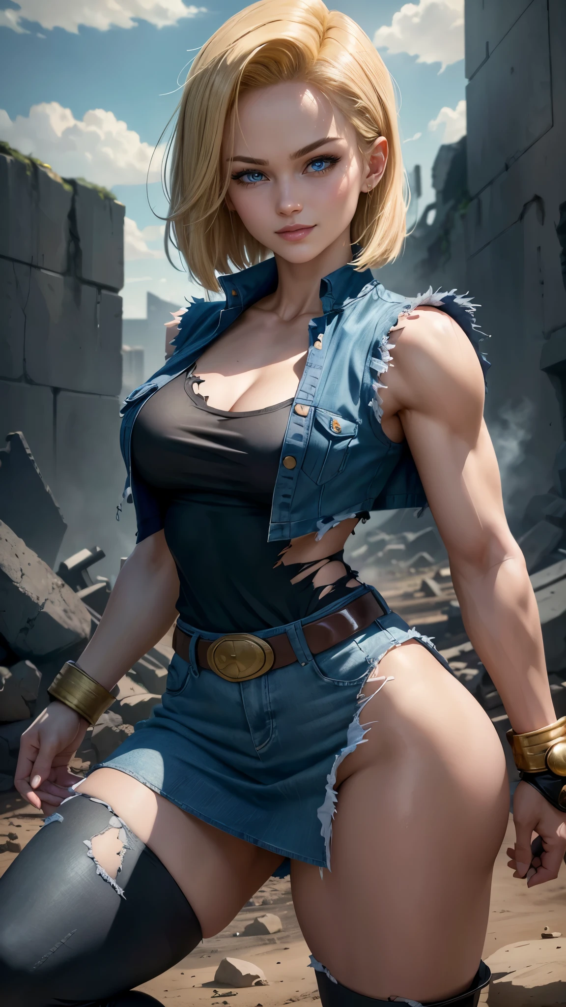 Android 18 da Dragon Ball Z,(best qualityer,4K,8k,high resolution,work of art:1.2)(weather: cloudy),battle ruins background, black shirt, striped sleeves, denim vest, denim skirt, pantyhose, brown boots, belt,short hair,ultra detailed,realisitic,portraite,beautiful detailed blue eyes,beautiful detailed lips,extremely detailed eye and face, long eyelashes,sexly,average,large breasts,beaming smile,powerful girl in a battle,combat pose,torn body,stunning curves,bright coloured,dramatic lighting,