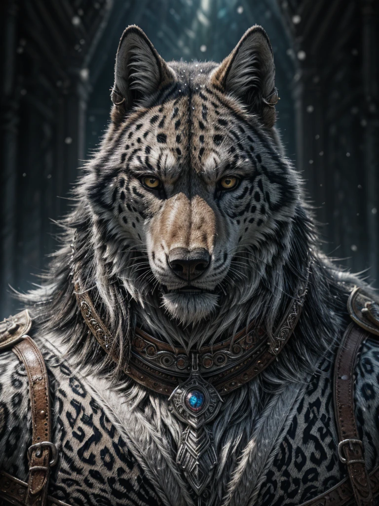 a huge three-headed wolf, snow leopard-like fur, massive collar with runes, hellhound, extremely detailed, (best quality,4k,8k,highres,masterpiece:1.2),ultra-detailed,(realistic,photorealistic,photo-realistic:1.37),HDR,UHD,studio lighting,ultra-fine painting,sharp focus,physically-based rendering,extreme detail description,professional,vivid colors,bokeh,fantasy,dark,moody,dramatic lighting