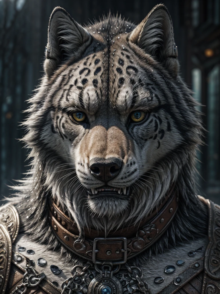 a huge three-headed wolf, snow leopard-like fur, massive collar with runes, hellhound, extremely detailed, (best quality,4k,8k,highres,masterpiece:1.2),ultra-detailed,(realistic,photorealistic,photo-realistic:1.37),HDR,UHD,studio lighting,ultra-fine painting,sharp focus,physically-based rendering,extreme detail description,professional,vivid colors,bokeh,fantasy,dark,moody,dramatic lighting