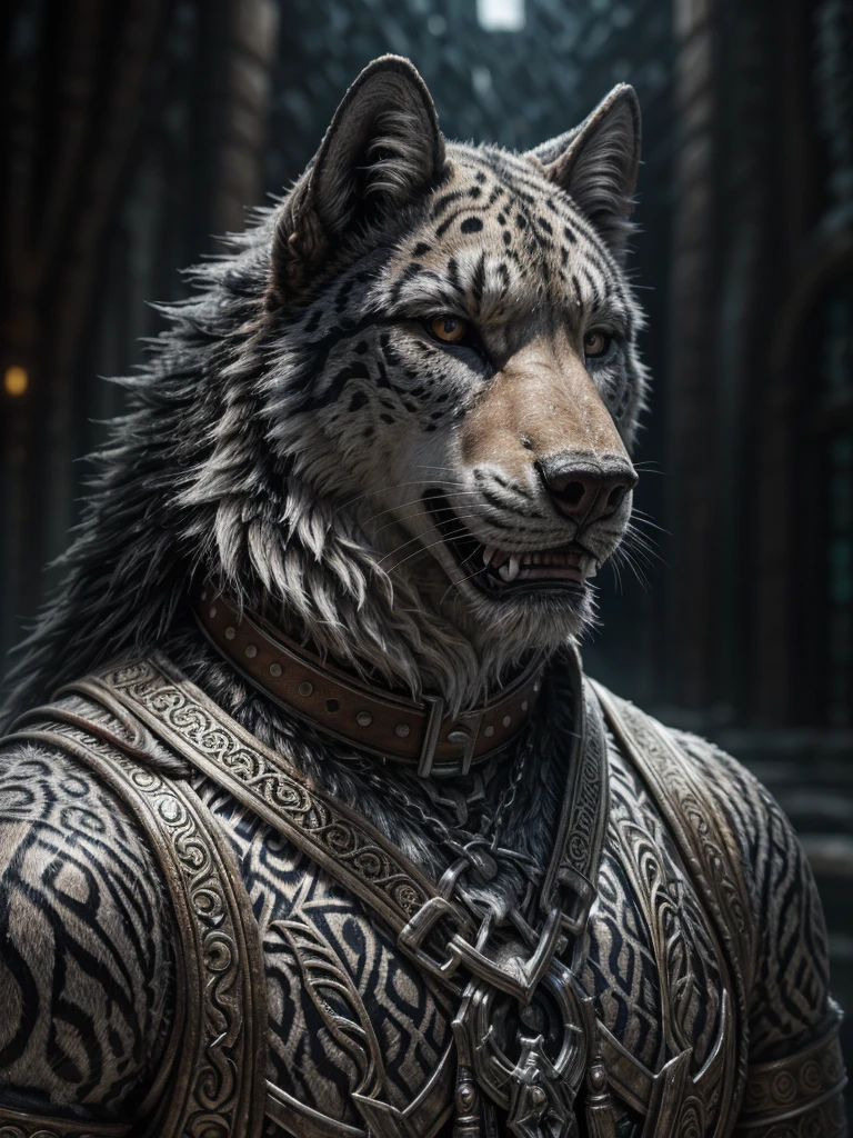 a huge three-headed wolf, snow leopard-like fur, massive collar with runes, hellhound, extremely detailed, (best quality,4k,8k,highres,masterpiece:1.2),ultra-detailed,(realistic,photorealistic,photo-realistic:1.37),HDR,UHD,studio lighting,ultra-fine painting,sharp focus,physically-based rendering,extreme detail description,professional,vivid colors,bokeh,fantasy,dark,moody,dramatic lighting